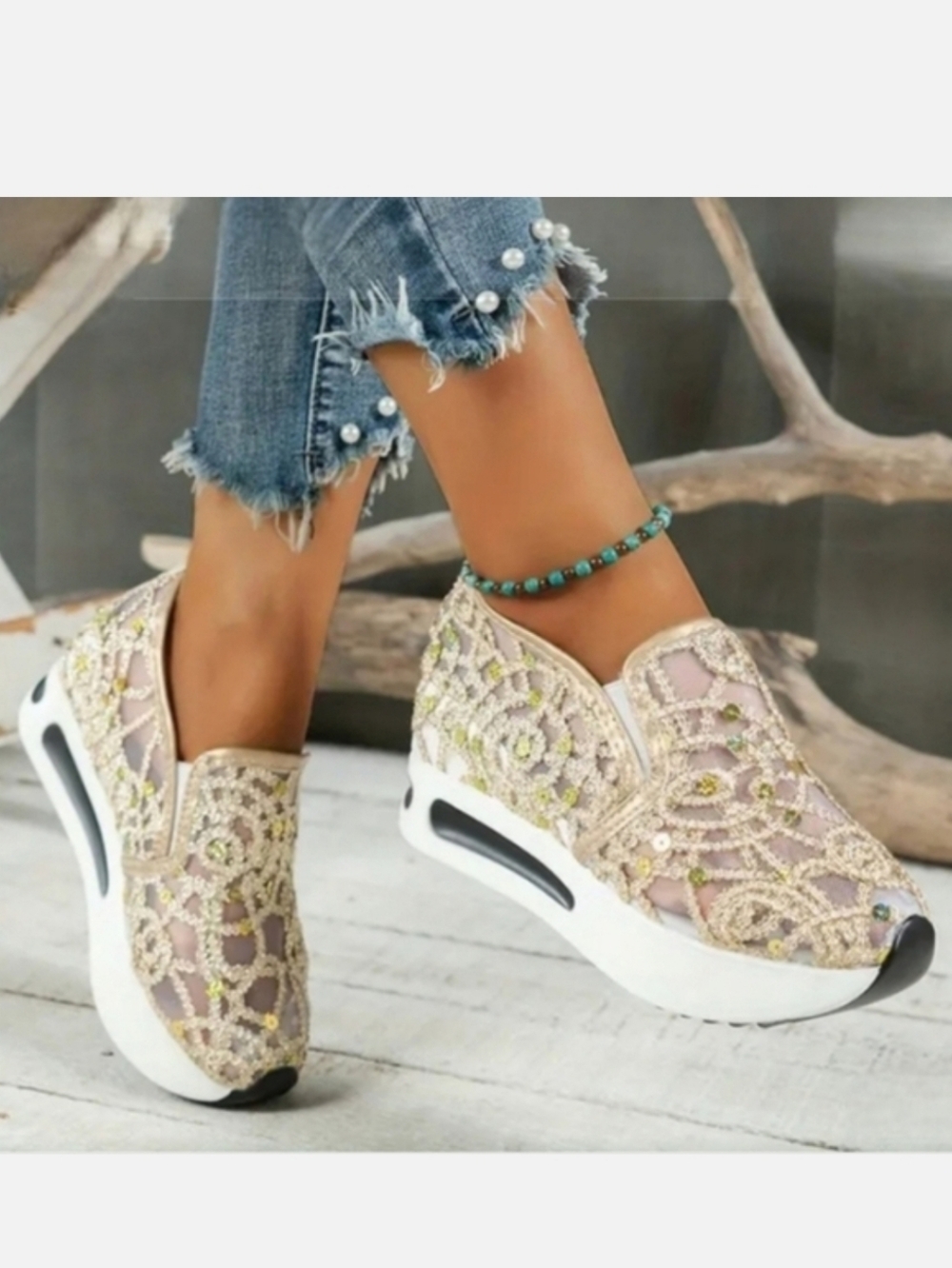 Women's Glitter Sequins Decor Sneakers Breathable Mesh Inner Wedge Heele…